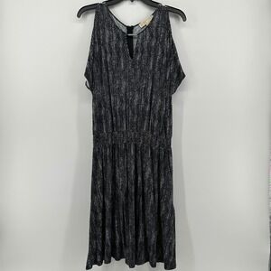Michael Kors Black Gray Snakeskin Cold Shoulder Dolman Smocked Waist Dress Med
